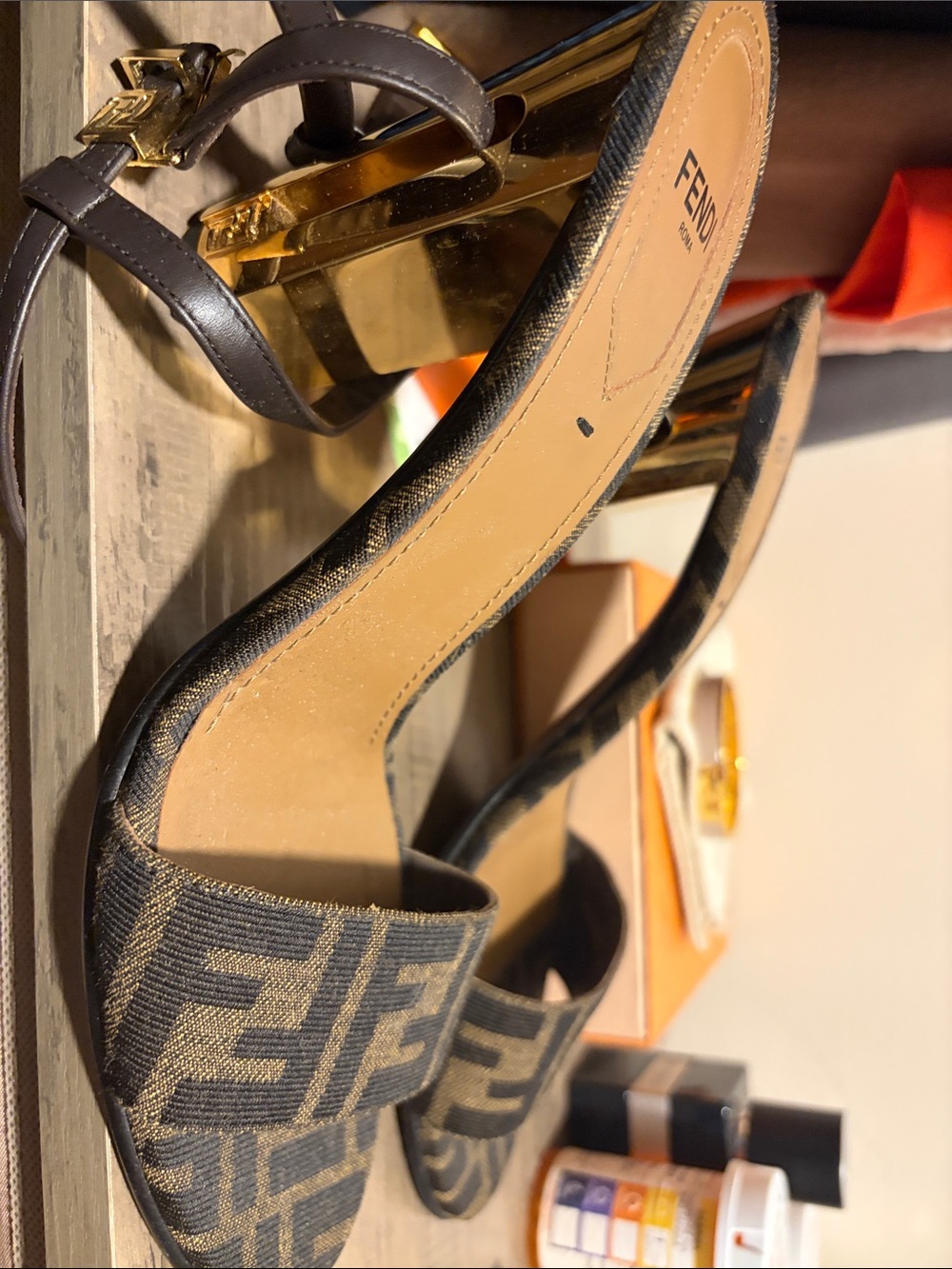 Fendi Brown FF Jacquard Open-Toe Heels with Gold Block Heel